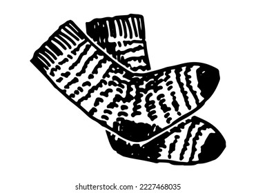 Doodle of warm knitted socks. Outline drawing of winter footwear. Hand drawn vector illustration. Single clipart isolated on white background.