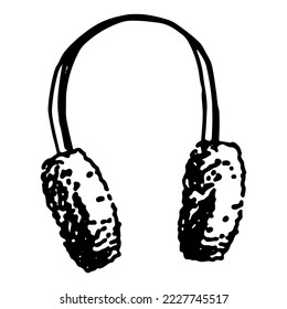 Doodle of warm winter earmuff. Outline drawing of accessory hat headgear. Hand drawn vector illustration. Single clipart isolated on white background.