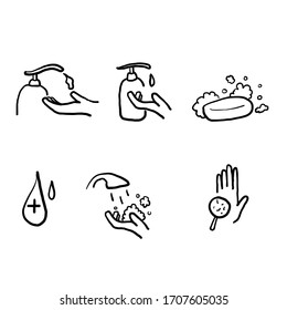 doodle Washing Hands Related icon. Contains such Icons as Washing Instruction, Antiseptic, Soap hand drawn isolated style