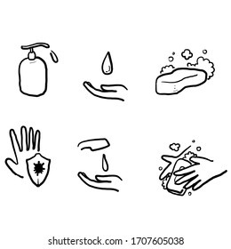 doodle Washing Hands Related icon. Contains such Icons as Washing Instruction, Antiseptic, Soap hand drawn isolated style