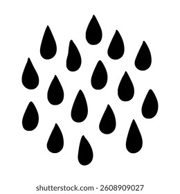 Doodle water drop, hand drawn sweat tear seamless pattern. Minimalistic black water drops in random arrangement on white background. Perfect for rain designs, packaging, eco concepts, skincare