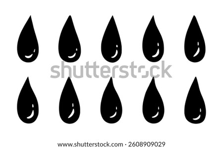 Doodle water drop, hand drawn sweat tear. Vector illustration. Black liquid drop icons in a simple, minimalistic style on white background. Perfect for UI design, infographics, eco concepts, skincare