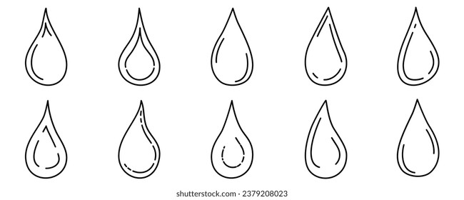 Gotas de agua de doodle de diferentes formas. Dibujo manual de la ilustración vectorial de las lágrimas.