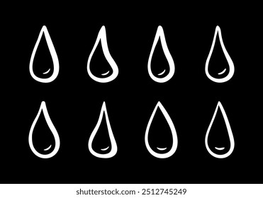 Doodle water drops of different shapes. Hand drawn sketch vector illustration of droplets or tears. Vector for print, web, mobile and infographics