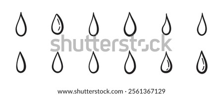 Doodle water drops hand drawn outline different shapes. sketch vector illustration of droplets. Outline tears. Vector illustration