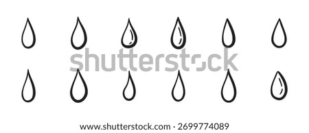 Doodle water drops hand drawn outline different shapes. sketch vector illustration of droplets. Outline tears. Vector illustration