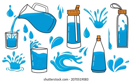 Doodle water icon. Liquid splash and drips. Bottle or glasses with drinking aqua. Hand drawn recycling packaging. Falling drops. Pouring beverage from jug. Vector fluid splatters set