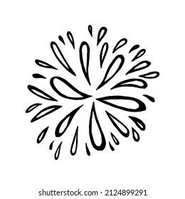 Doodle water splash in vintage style on white background. Black vector hand drawn sketch illustration. Sun, starburst, sparkle, sunburst set. Line sparkle explosion. Marker handdrawn line. Retro spark