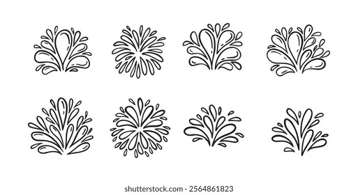 Doodle water splash in vintage style set. Hand drawn lack vector ketch illustration. Sun, starburst, sparkle, sunburst set. Line sparkle explosion. Retro spark. Vector illustration