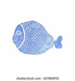 Doodle watercolor fish on the white background, aquarelle. Vector illustration. Hand-drawn decorative element useful for invitations, scrapbooking, design.