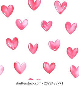 Doodle watercolor hearts seamless repeat vector pattern. Hand brush drawn cute painted Valentine's Day endless chaotic background, template. Artistic watercolor stains textured heart shapes.