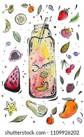 Doodle watercolor Summer fruit  drink collection doodle. Pineapple, strawberry, apple, cherry, mango juice. Fresh fruits and splashes,