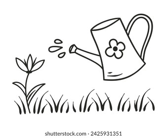 Doodle Watering can with grass and flower. Hand drawn spring design elements for garden. Water sign