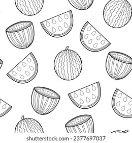 Doodle watermelon black and white seamless pattern. Fresh fruit background in outline. Great for coloring page, fabric and packaging. Vector illustration