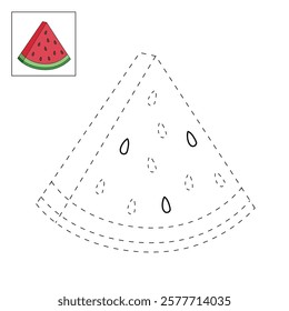 Doodle watermelon coloring pages for kids. Trace and color watermelon. Watermelon fruit line art clip art illustration. Coloring pages worksheets for kids activity printable.