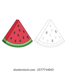 Doodle watermelon coloring pages for kids. Trace and color watermelon. Watermelon fruit line art clip art illustration. Coloring pages worksheets for kids activity printable.