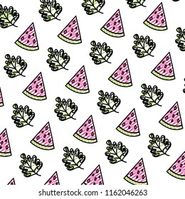 doodle watermelon fruit and exotic plant background