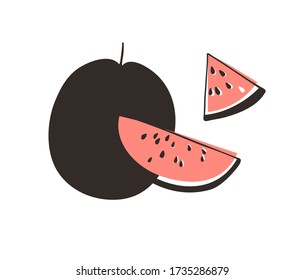 Doodle watermelon. Hand drawn stylish fruit and vegetable. Vector artistic drawing fresh organic food. Summer illustration vegan ingrediens for smoothies