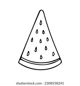 Doodle of watermelon slice isolated on white background. Vector flat illustration of summer fruit.