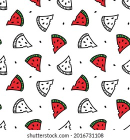 Doodle watermelon slices with bite marks and seeds vector seamless pattern background.