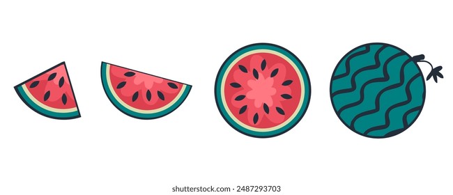 Doodle watermelon slices set, flat fruit clipart collection. Hand drawn vector illustration for decor and design.



