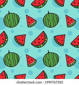 Doodle watermelons, whole and slices with seeds vector seamless pattern background for summer vacation design.