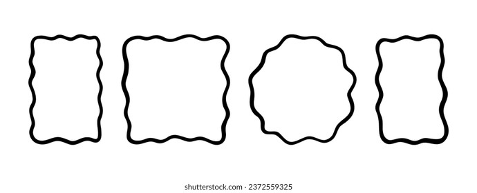 Doodle wave curve edge frame. Hand drawn wavy rectangle borders. Doodle brush drawn square and circle picture frame. Vector illustration isolated on white background.