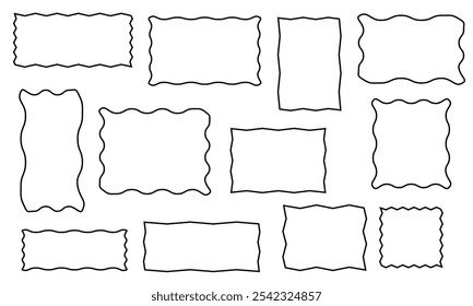 Desenhar quadro de borda de curva de onda. Bordas retangulares onduladas desenhadas à mão. Moldura de imagem quadrada e circular desenhada com pincel de rabiscar. Ilustração vetorial isolada no plano de fundo branco