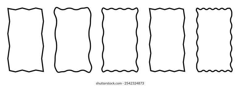 Doodle wave curve edge frame. Hand drawn wavy rectangle borders. Doodle brush drawn square and circle picture frame. Vector illustration isolated on white background