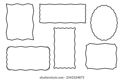 Doodle wave curve edge frame. Hand drawn wavy rectangle borders. Doodle brush drawn square and circle picture frame. Vector illustration isolated on white background