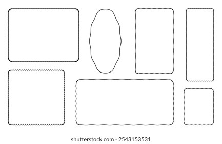 Desenhar quadro de borda de curva de onda. Bordas retangulares onduladas desenhadas à mão. Moldura de imagem quadrada e circular desenhada com pincel de rabiscar. Ilustração vetorial isolada sobre fundo branco.