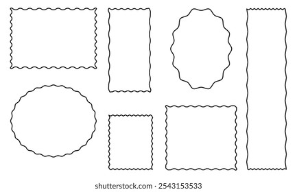 Desenhar quadro de borda de curva de onda. Bordas retangulares onduladas desenhadas à mão. Moldura de imagem quadrada e circular desenhada com pincel de rabiscar. Ilustração vetorial isolada sobre fundo branco.