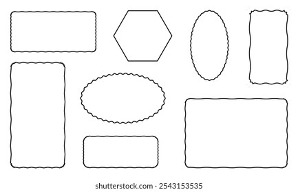 Desenhar quadro de borda de curva de onda. Bordas retangulares onduladas desenhadas à mão. Moldura de imagem quadrada e circular desenhada com pincel de rabiscar. Ilustração vetorial isolada sobre fundo branco.