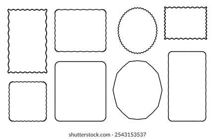 Desenhar quadro de borda de curva de onda. Bordas retangulares onduladas desenhadas à mão. Moldura de imagem quadrada e circular desenhada com pincel de rabiscar. Ilustração vetorial isolada sobre fundo branco.