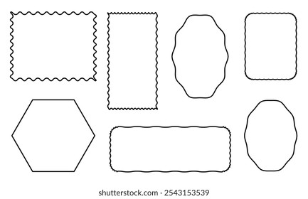 Desenhar quadro de borda de curva de onda. Bordas retangulares onduladas desenhadas à mão. Moldura de imagem quadrada e circular desenhada com pincel de rabiscar. Ilustração vetorial isolada sobre fundo branco.