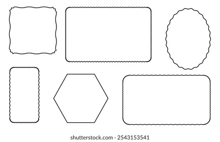 Desenhar quadro de borda de curva de onda. Bordas retangulares onduladas desenhadas à mão. Moldura de imagem quadrada e circular desenhada com pincel de rabiscar. Ilustração vetorial isolada sobre fundo branco.