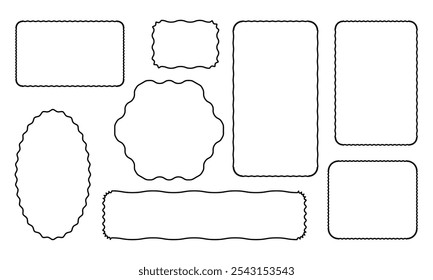 Desenhar quadro de borda de curva de onda. Bordas retangulares onduladas desenhadas à mão. Moldura de imagem quadrada e circular desenhada com pincel de rabiscar. Ilustração vetorial isolada sobre fundo branco.