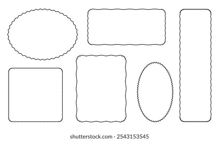 Desenhar quadro de borda de curva de onda. Bordas retangulares onduladas desenhadas à mão. Moldura de imagem quadrada e circular desenhada com pincel de rabiscar. Ilustração vetorial isolada sobre fundo branco.