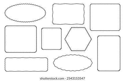 Desenhar quadro de borda de curva de onda. Bordas retangulares onduladas desenhadas à mão. Moldura de imagem quadrada e circular desenhada com pincel de rabiscar. Ilustração vetorial isolada sobre fundo branco.