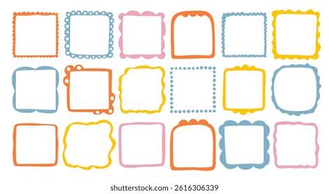 Doodle wave curve edge frame. Hand drawn wavy rectangle borders. Doodle brush drawn square and circle picture frame. Vector illustration isolated on white background.