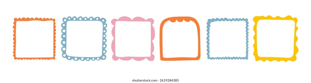 Desenhar quadro de borda de curva de onda. Bordas retangulares onduladas desenhadas à mão. Moldura de imagem quadrada e circular desenhada com pincel de rabiscar. Ilustração vetorial isolada sobre fundo branco.