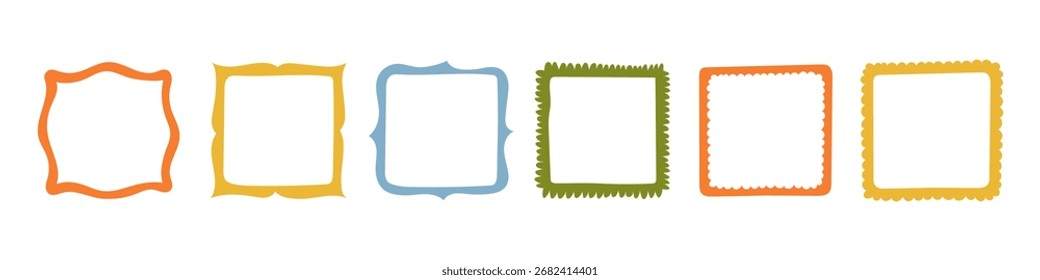 Desenhar quadro de borda de curva de onda. Bordas retangulares onduladas desenhadas à mão. Moldura de imagem quadrada e circular desenhada com pincel de rabiscar. Ilustração vetorial isolada sobre fundo branco.