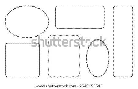 Doodle wave curve edge frame. Hand drawn wavy rectangle borders. Doodle brush drawn square and circle picture frame. Vector illustration isolated on white background.