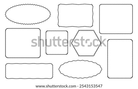 Doodle wave curve edge frame. Hand drawn wavy rectangle borders. Doodle brush drawn square and circle picture frame. Vector illustration isolated on white background.
