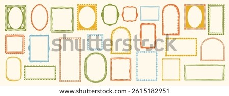 Doodle wave frame set, hand drawn border color collection, cute minimal hand drawn square blank kit. Elegant retro ornament empty banner, rectangle postal stamp oval arch. Celebration doodle frame