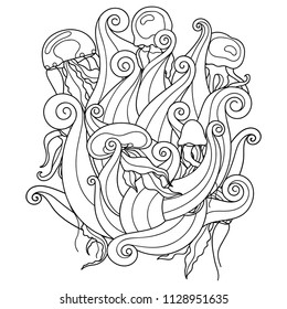 Doodle waves and jellyfish. Sea pattern for coloring book or design. Easy to change colors. Vector illustration.