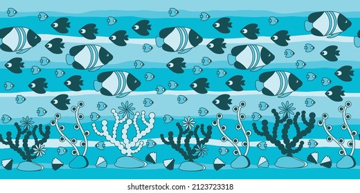 Doodle waves. Seamless border Under water Sea life. Vector fishes algae corals