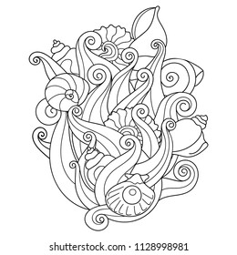 Doodle waves and seashells. Sea pattern for coloring book or design. Easy to change colors. Vector illustration.