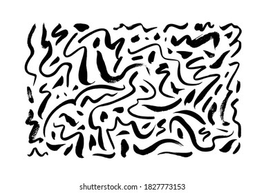Doodle wavy brush strokes vector collection. Dirty curved lines and dots. Abstract monochrome acrylic swirl smudges, wavy freehand lines isolated on white background. Hand drawn daubs collection