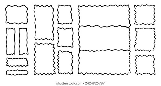 Doodle wavy curve edge frame. Hand drawn rectangle borders. Horizontal and vertical brush drawn squares